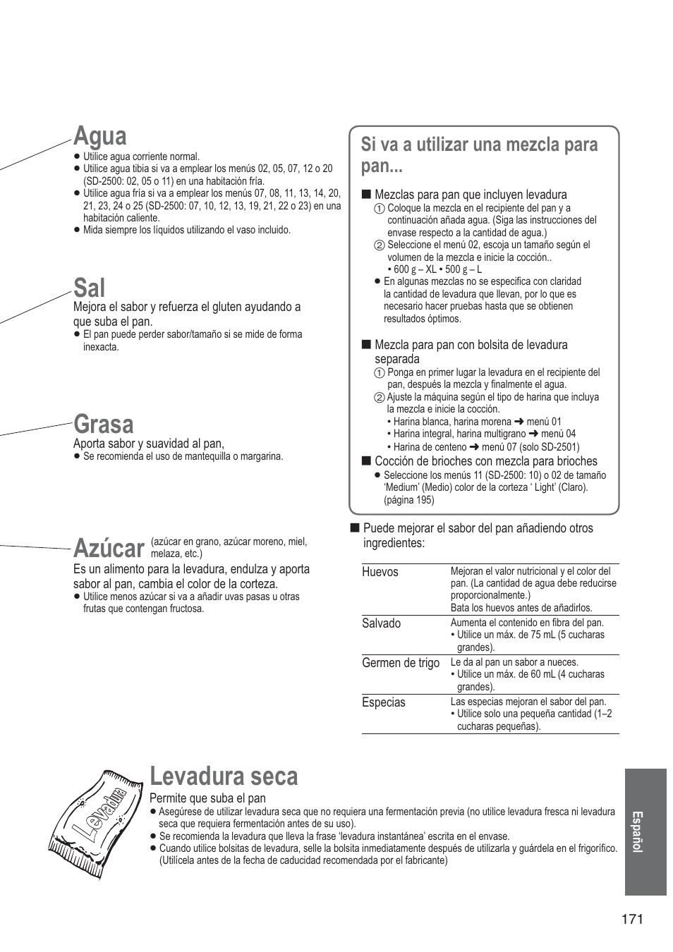 Agua, Grasa, Azúcar | Levadura seca, Si va a utilizar una mezcla para pan | Panasonic SD2501WXA User Manual | Page 171 / 200