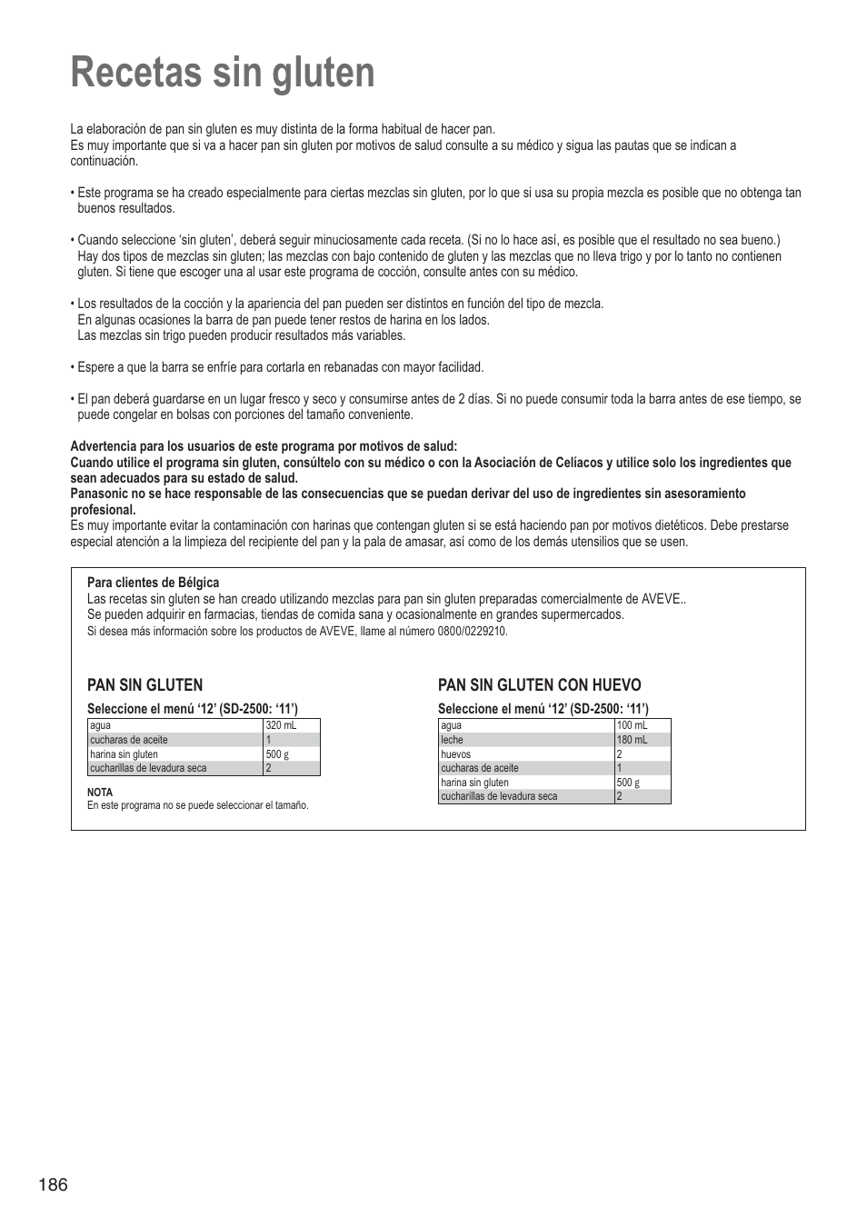 Recetas sin gluten, Pan sin gluten, Pan sin gluten con huevo | Panasonic SD2501WXA User Manual | Page 186 / 200