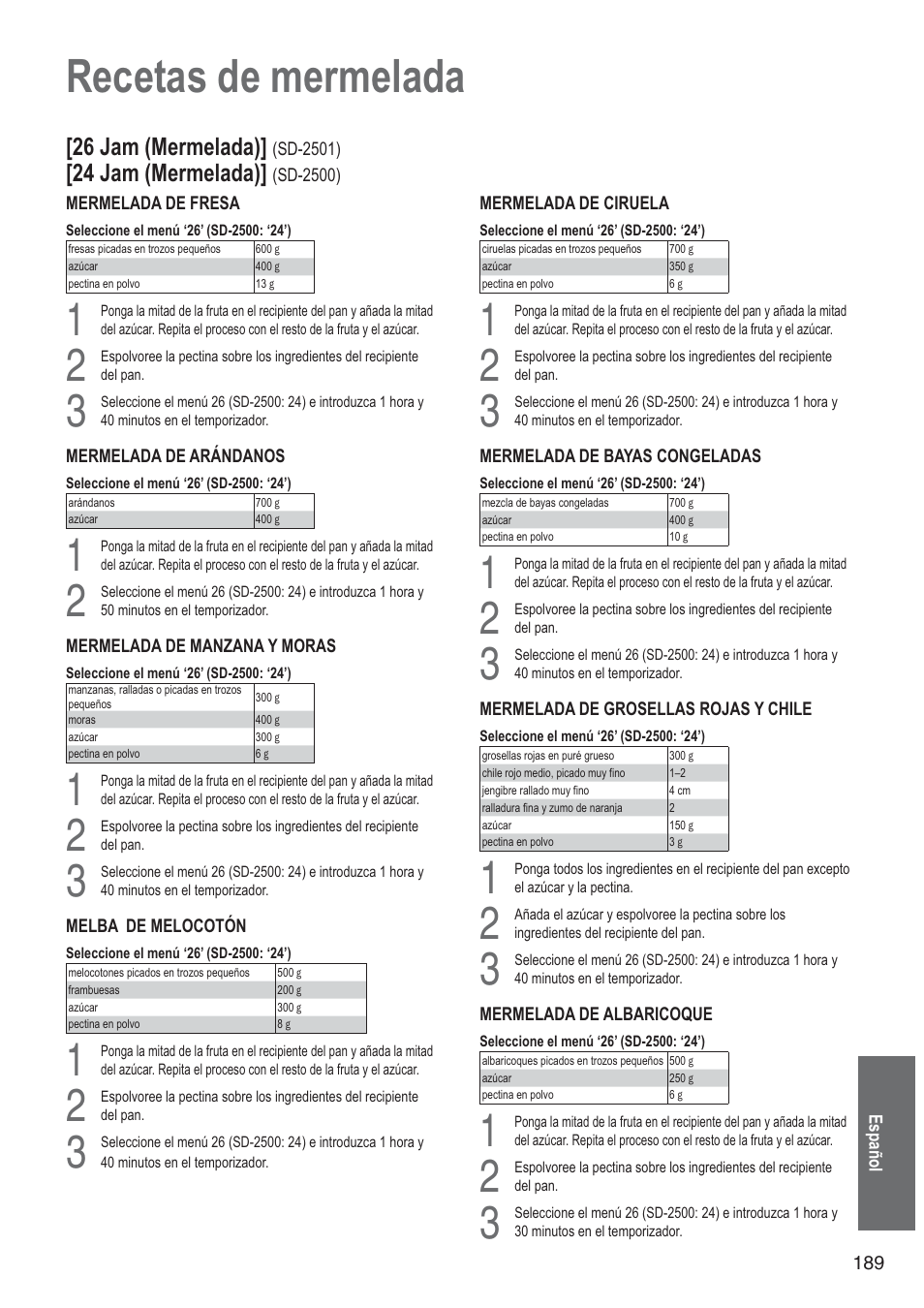 Recetas de mermelada, 26 jam (mermelada), 24 jam (mermelada) | Panasonic SD2501WXA User Manual | Page 189 / 200