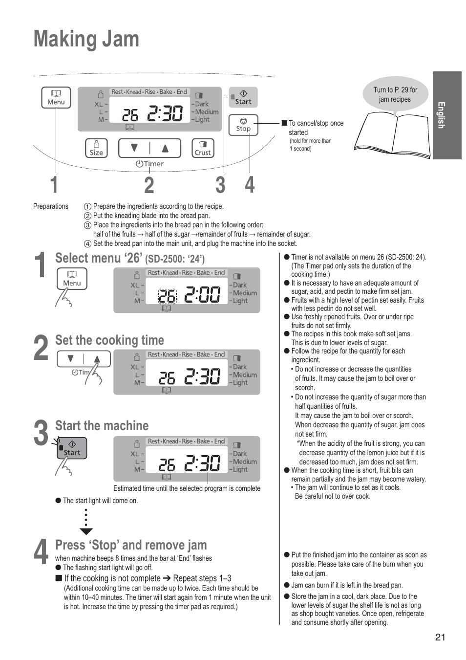 Making jam 1 4 2 3, Select menu ‘26, Set the cooking time | Start the machine, Press ‘stop’ and remove jam | Panasonic SD2501WXA User Manual | Page 21 / 200