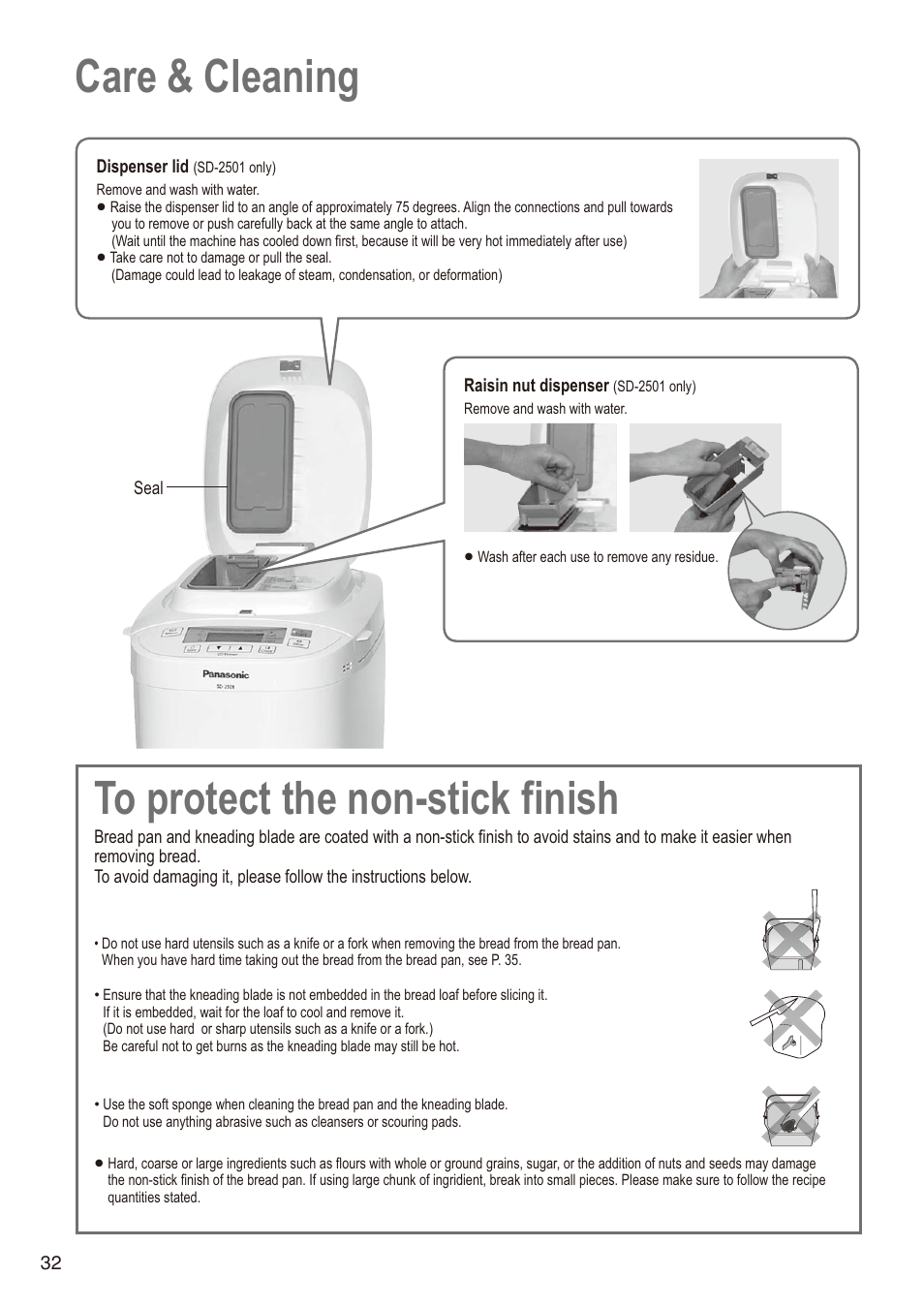 Care & cleaning to protect the non-stick finish | Panasonic SD2501WXA User Manual | Page 32 / 200