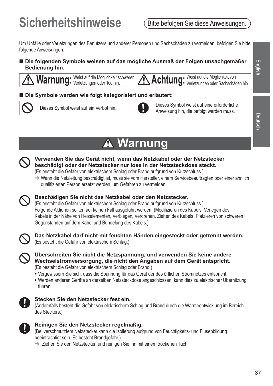 Sicherheitshinweise, Warnung, Achtung | Bitte befolgen sie diese anweisungen | Panasonic SD2501WXA User Manual | Page 37 / 200