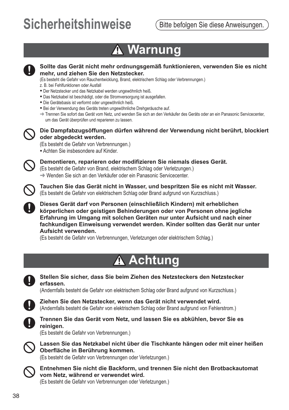 Sicherheitshinweise, Warnung, Achtung | Bitte befolgen sie diese anweisungen | Panasonic SD2501WXA User Manual | Page 38 / 200