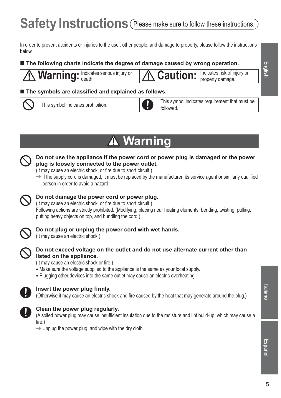 Safety instructions, Warning, Caution | Please make sure to follow these instructions | Panasonic SD2501WXA User Manual | Page 5 / 200