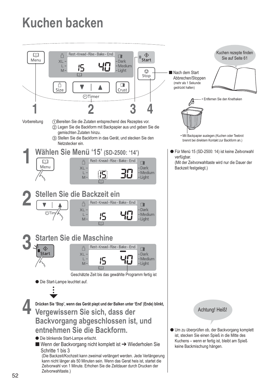 Kuchen backen 1 4 2 3 | Panasonic SD2501WXA User Manual | Page 52 / 200