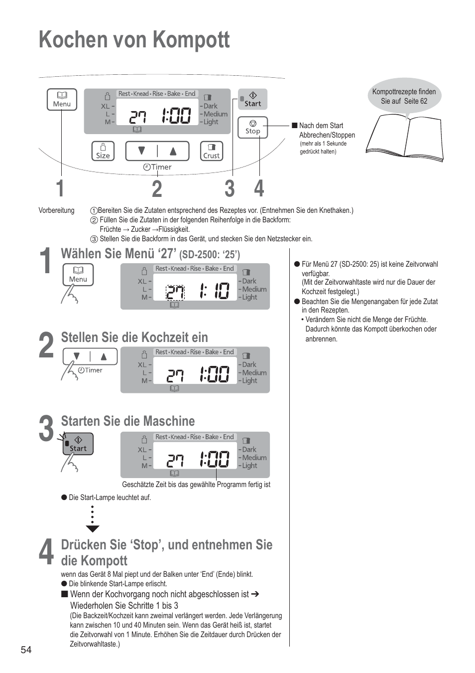 Kochen von kompott 1 4 2 3 | Panasonic SD2501WXA User Manual | Page 54 / 200