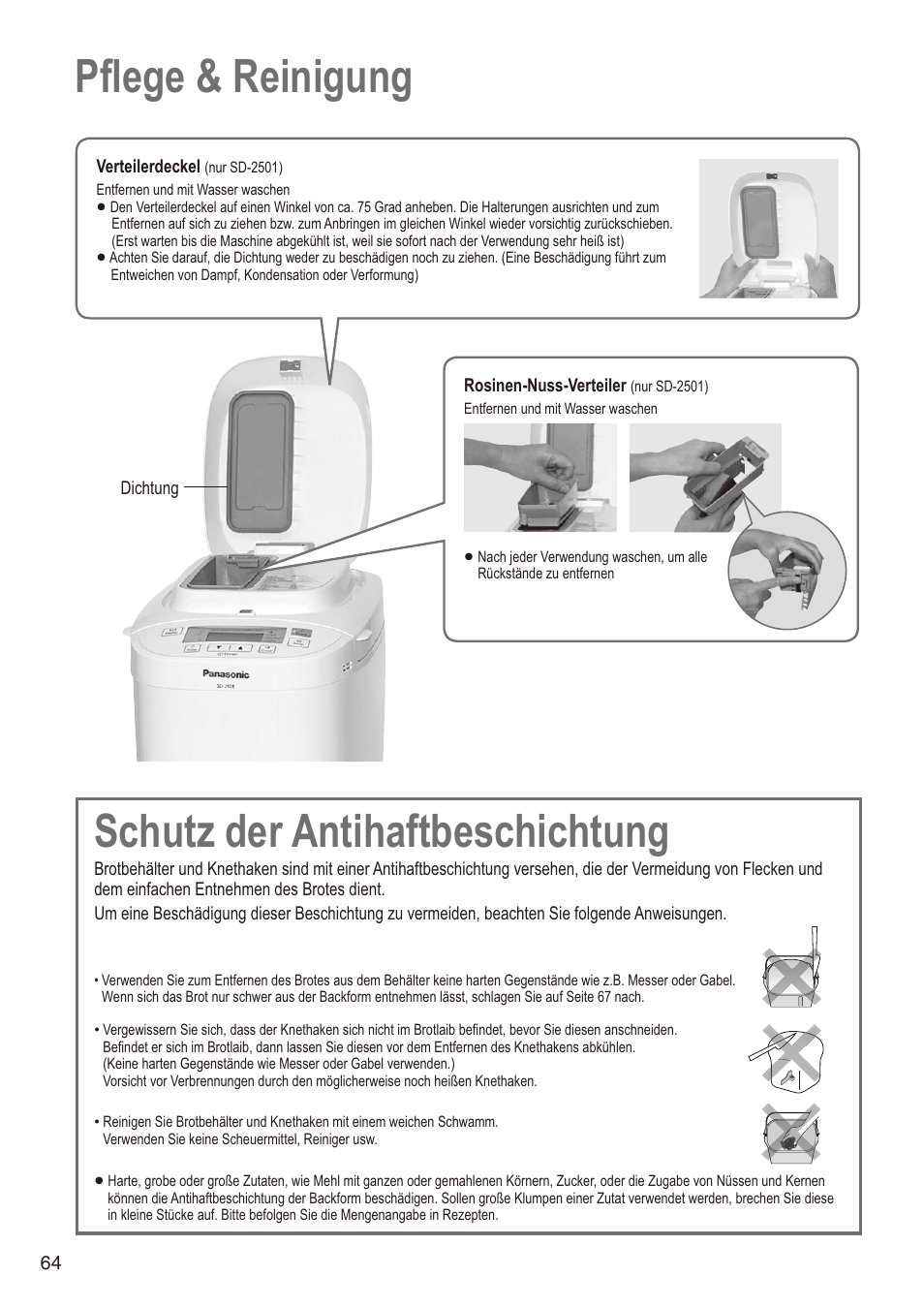 Pflege & reinigung schutz der antihaftbeschichtung | Panasonic SD2501WXA User Manual | Page 64 / 200