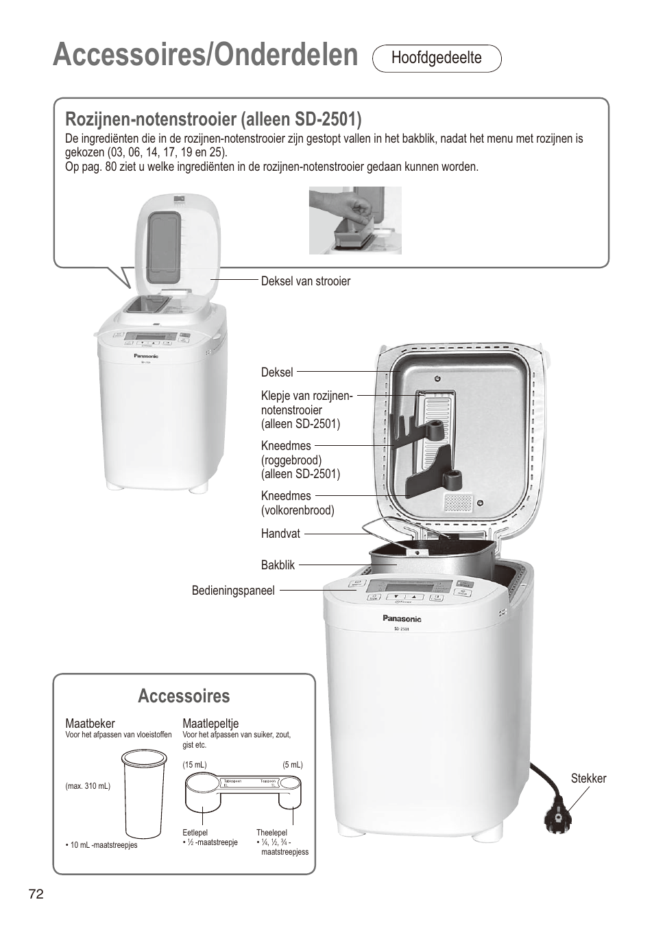 Accessoires/onderdelen, Accessoires, Hoofdgedeelte | Maatbeker, Maatlepeltje | Panasonic SD2501WXA User Manual | Page 72 / 200