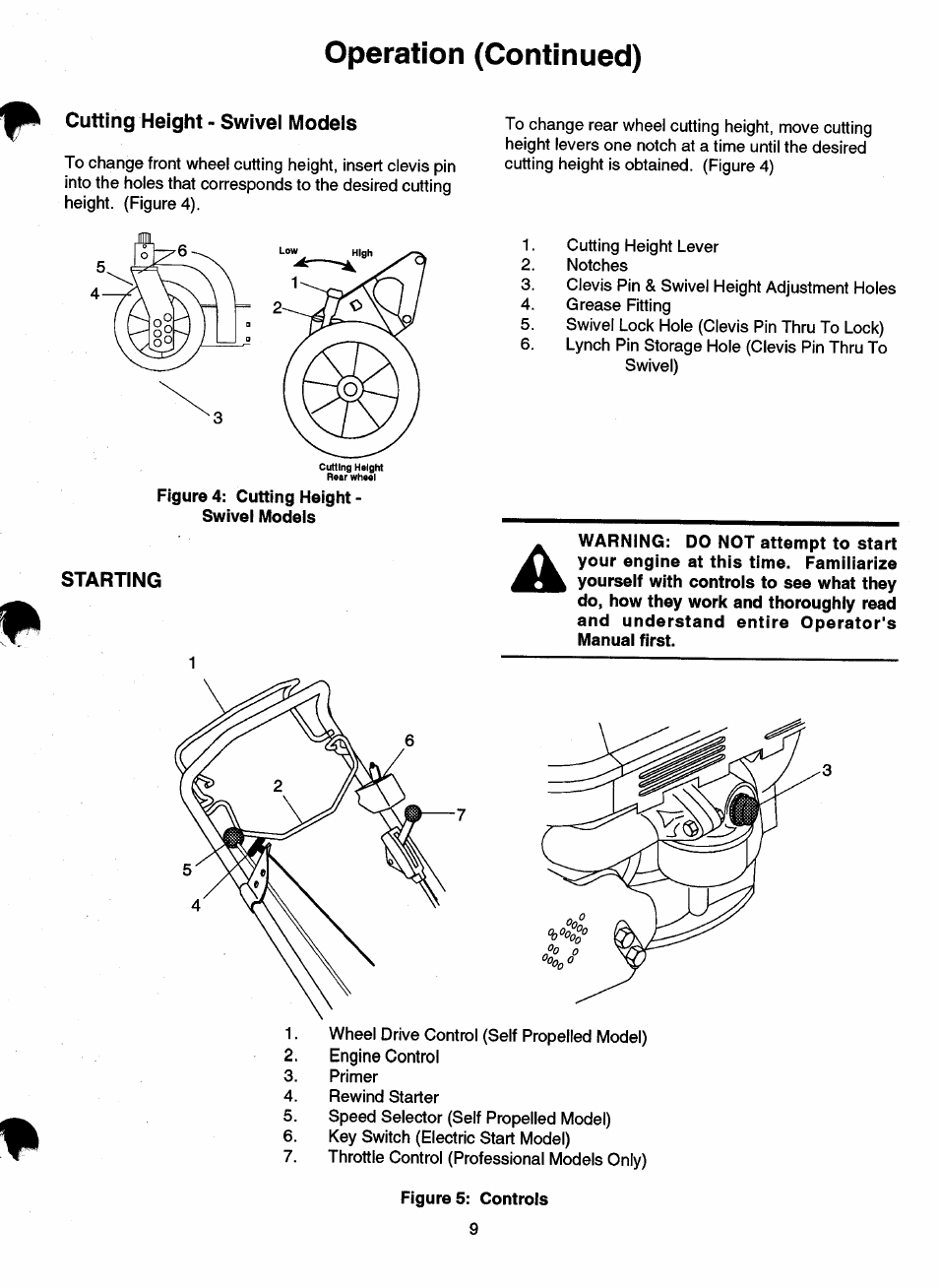 Cutting height - swivei models, Operation (continued) | Ariens 911 User Manual | Page 11 / 39