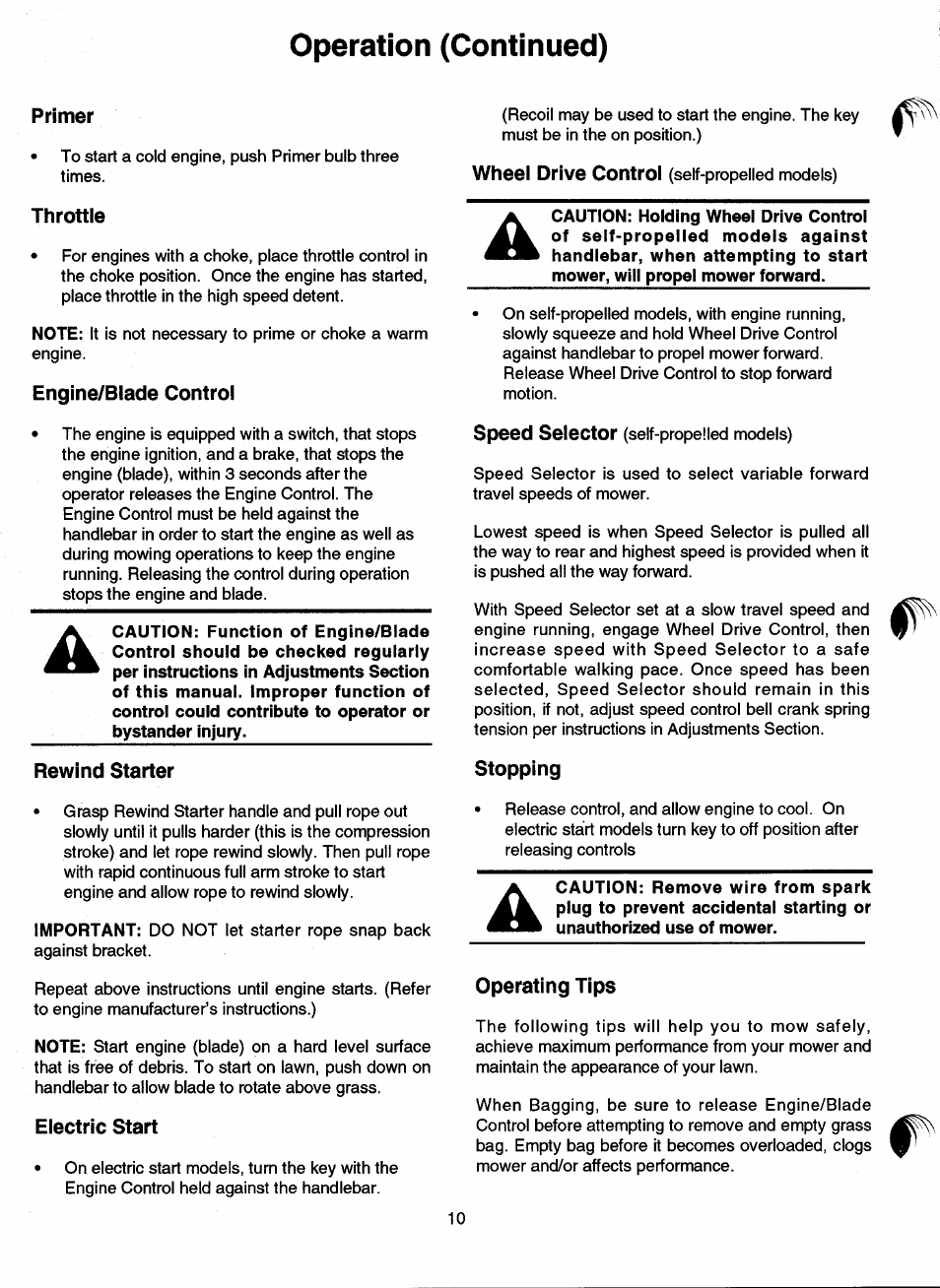 Throttle, Engine/blade control, Rewind starter | Electric start, Operating tips, Operation (continued) | Ariens 911 User Manual | Page 12 / 39