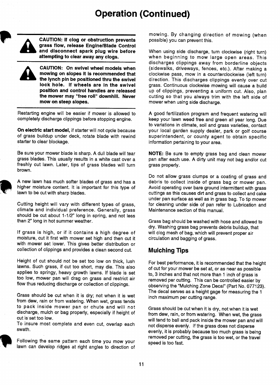 Mulching tips, Operation (continued) | Ariens 911 User Manual | Page 13 / 39