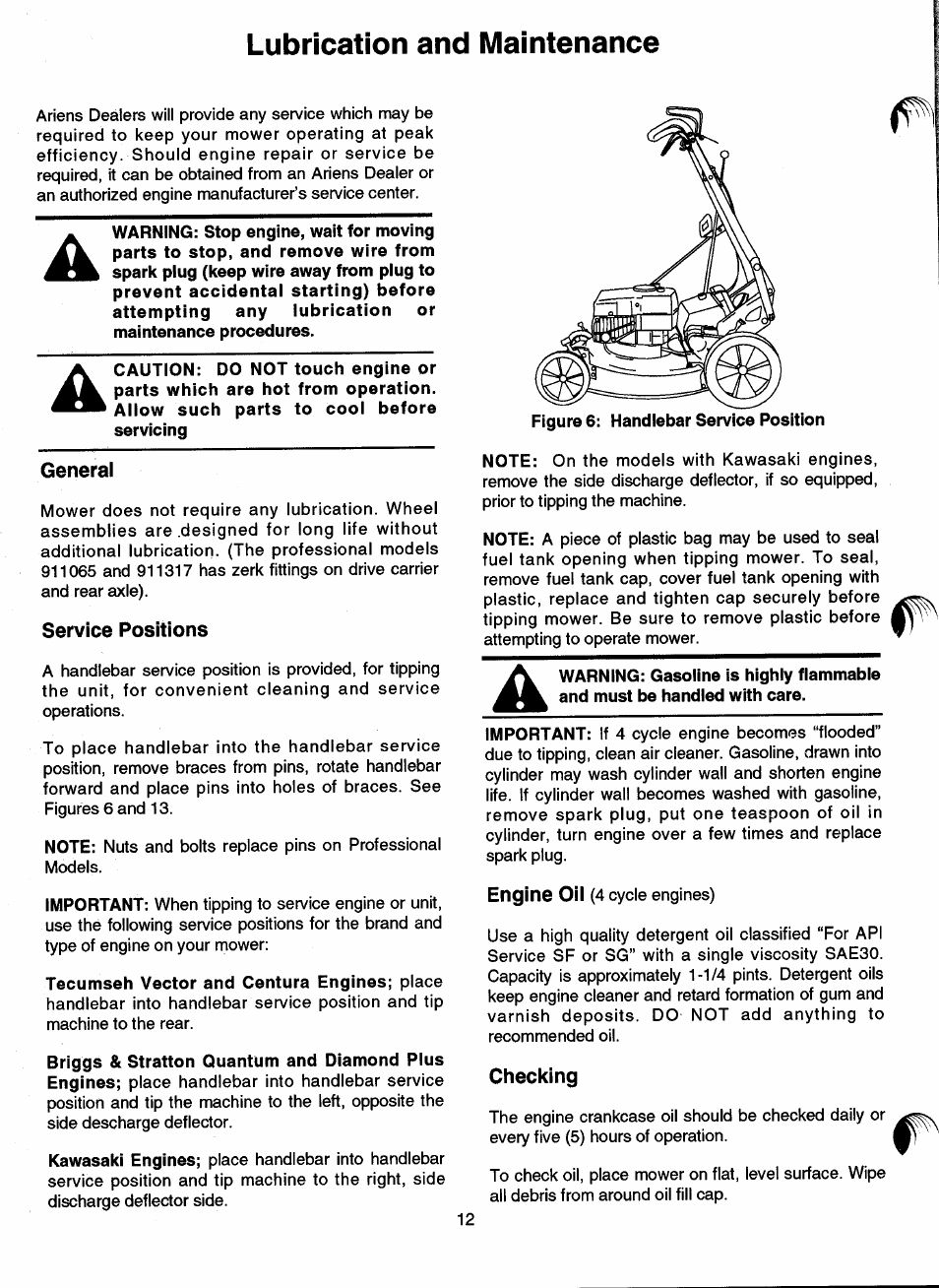 General, Service positions, Checking | Lubrication and maintenance | Ariens 911 User Manual | Page 14 / 39