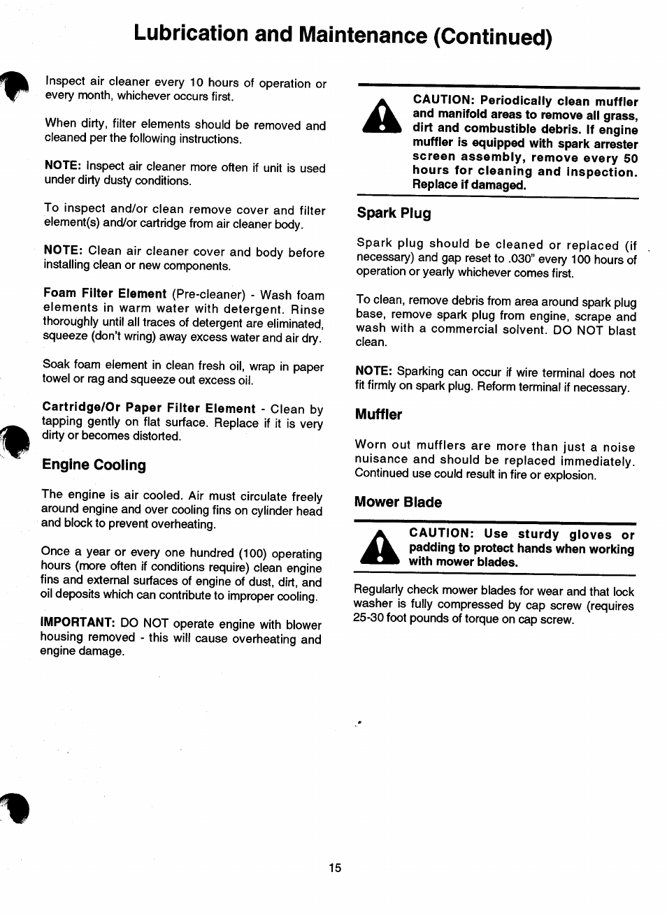 Engine cooling, Spark plug, Muffler | Mower blade, Lubrication and maintenance (continued) | Ariens 911 User Manual | Page 17 / 39