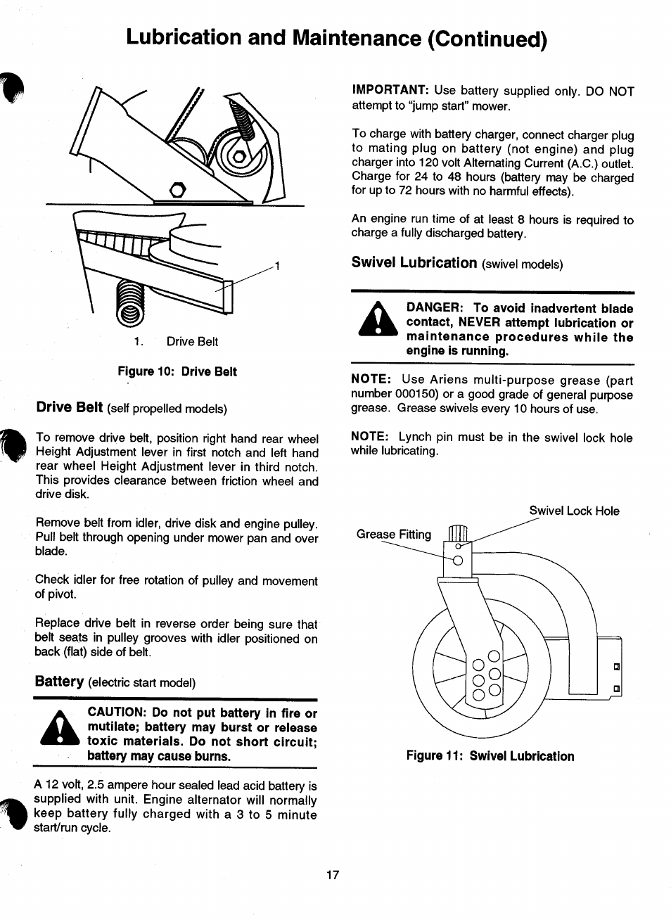 Swivel lubrication (swivel models), Lubrication and maintenance (continued) | Ariens 911 User Manual | Page 19 / 39