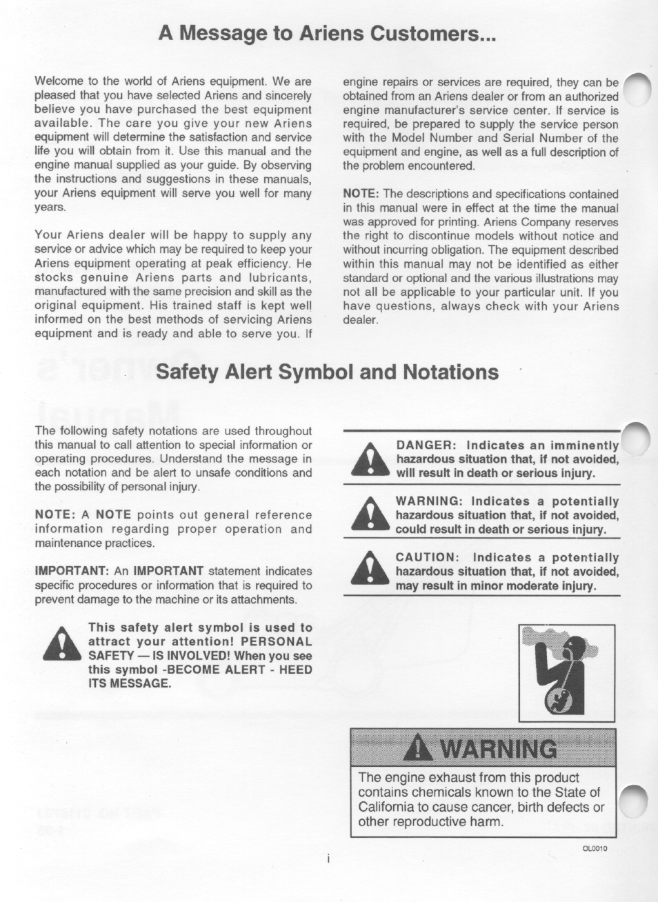A message to ariens customers, Safety alert symbol and notations | Ariens 911 User Manual | Page 2 / 39