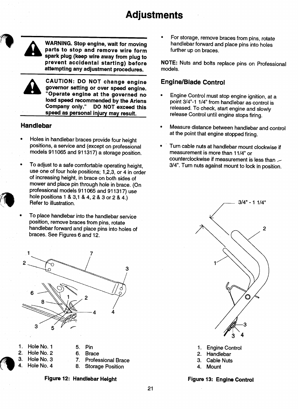 Adjustments, Handlebar, Engine/blade control | Ariens 911 User Manual | Page 23 / 39