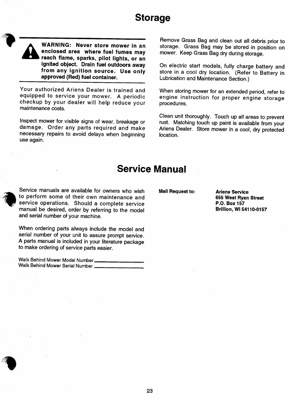 Storage, Service manual | Ariens 911 User Manual | Page 25 / 39