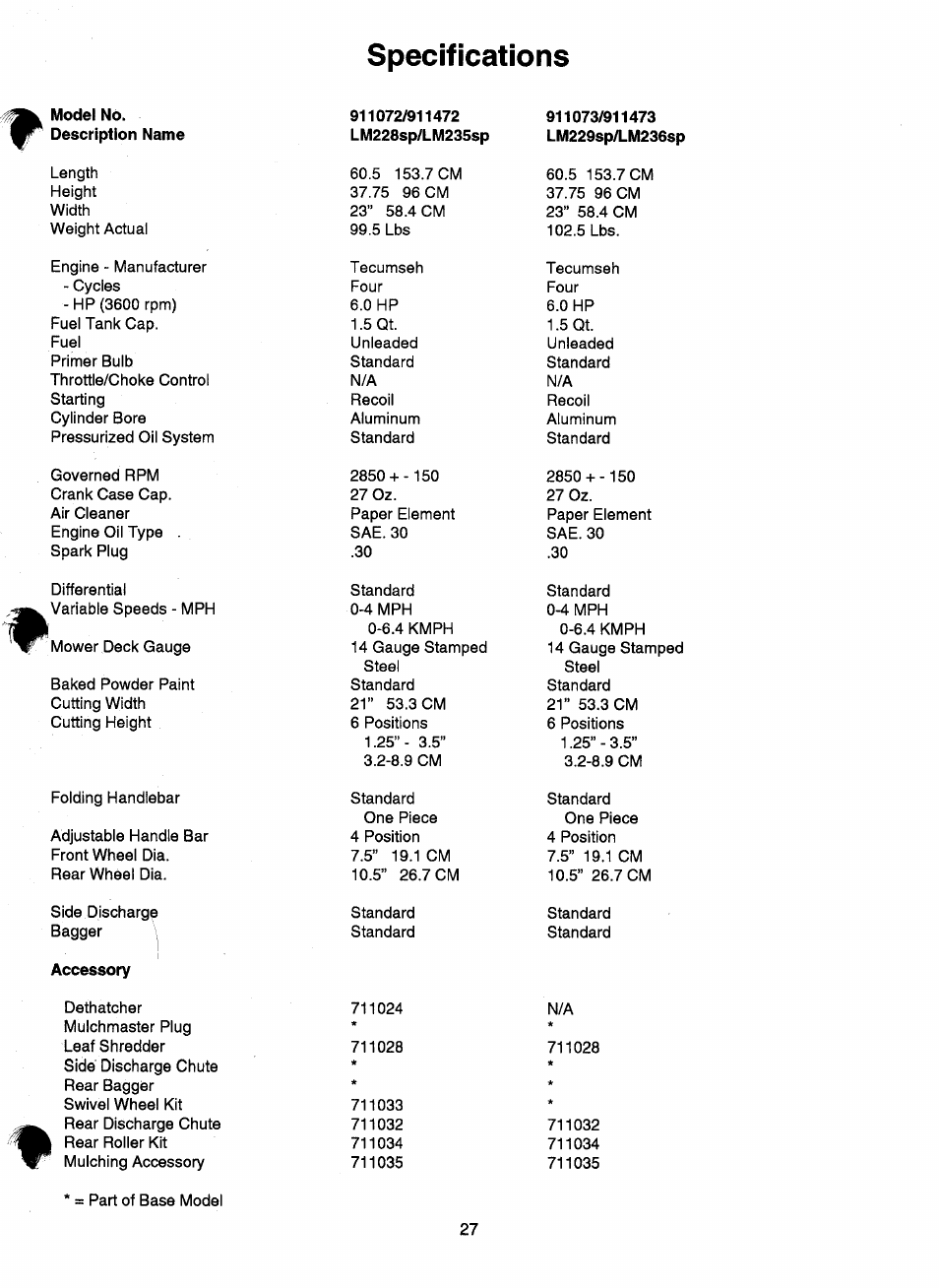 Specifications | Ariens 911 User Manual | Page 29 / 39