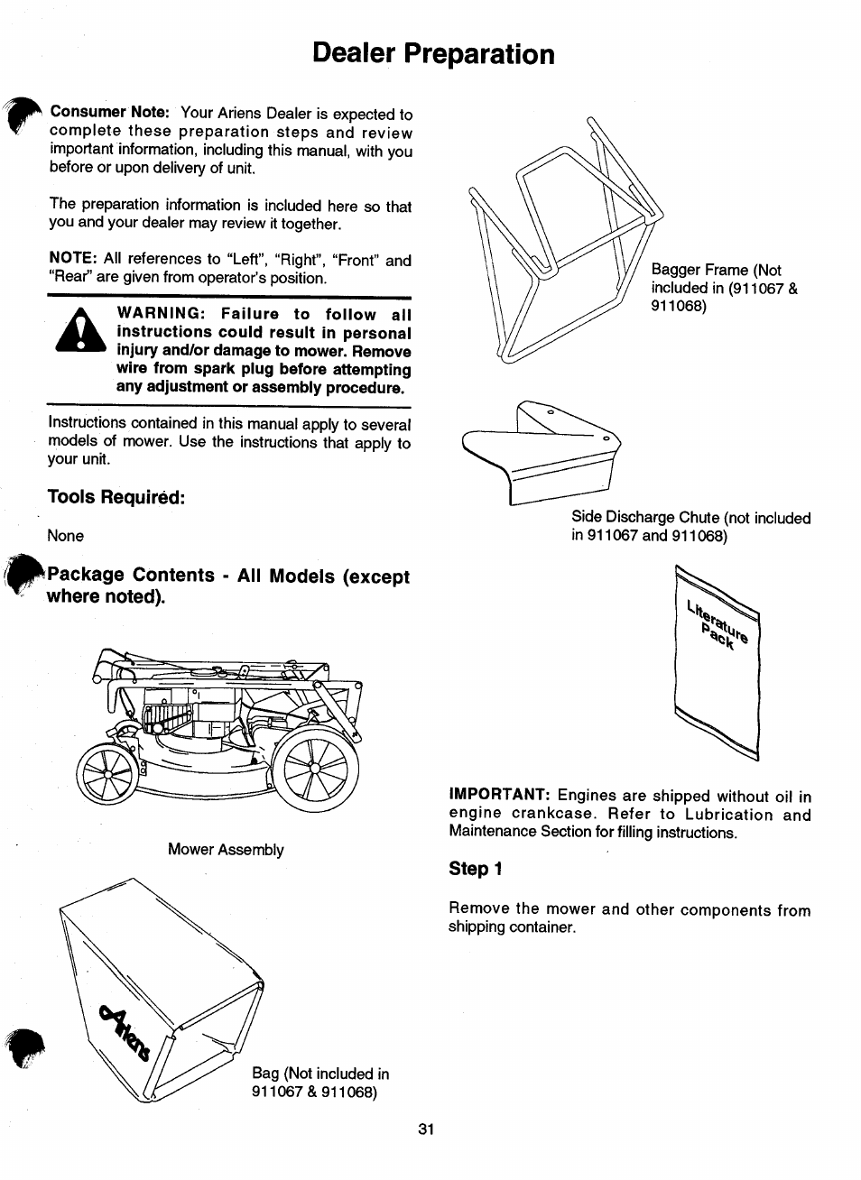 Tools required, Package contents - all models (except where noted), Step 1 | Dealer preparation | Ariens 911 User Manual | Page 33 / 39