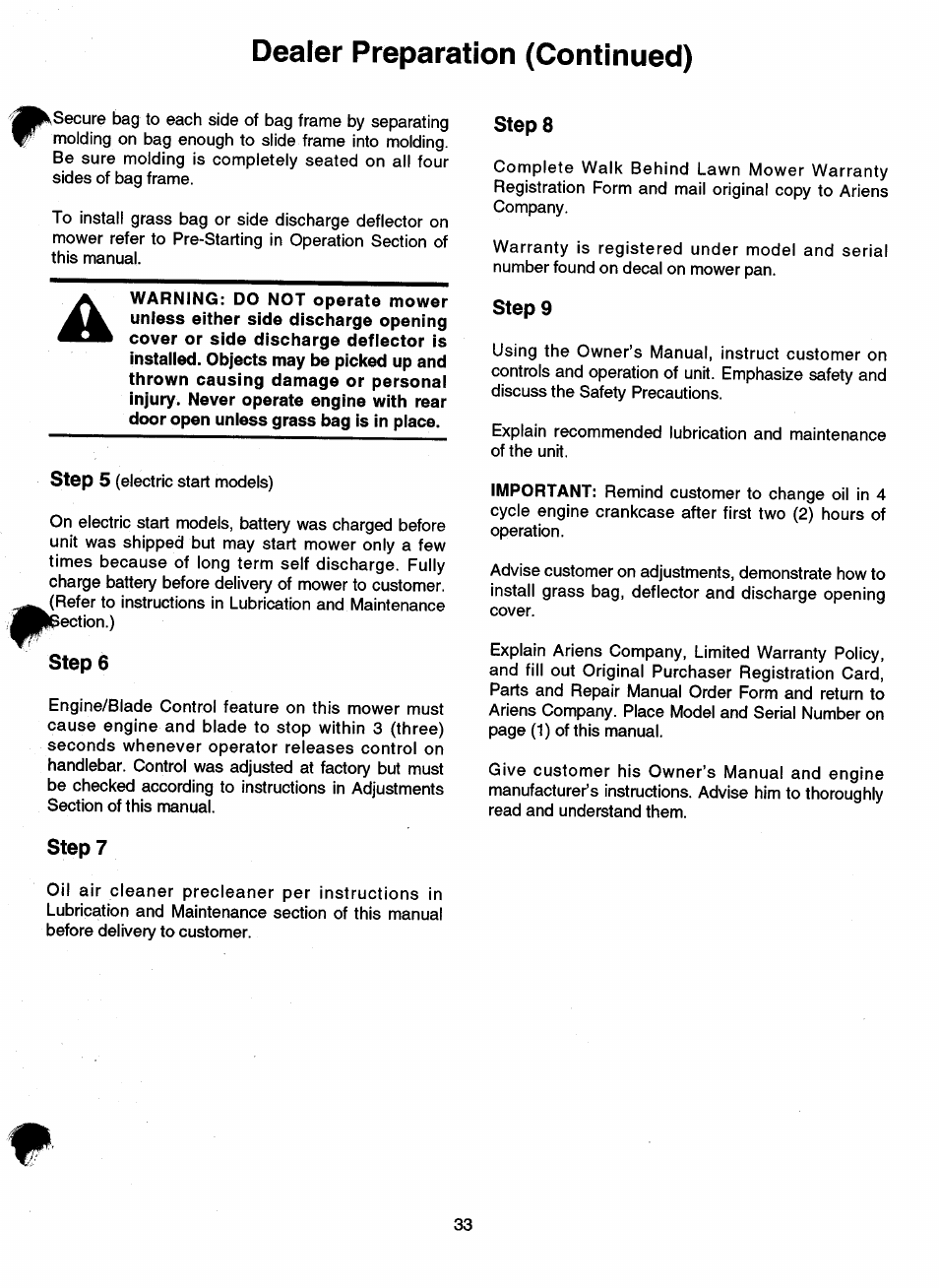 Step 6, Step 8, Step 9 | Step 7, Dealer preparation (continued) | Ariens 911 User Manual | Page 35 / 39