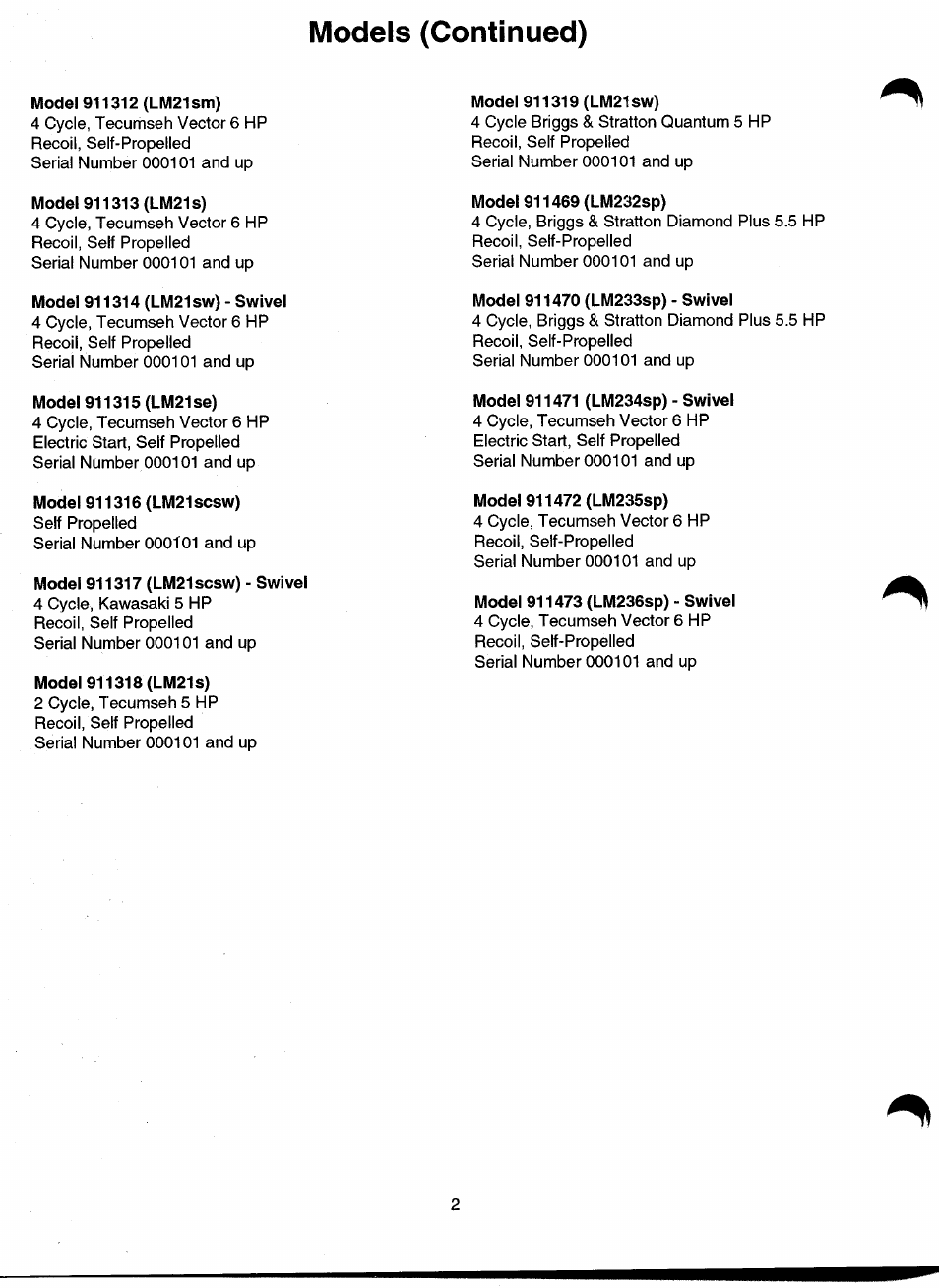Models (continued) | Ariens 911 User Manual | Page 4 / 39