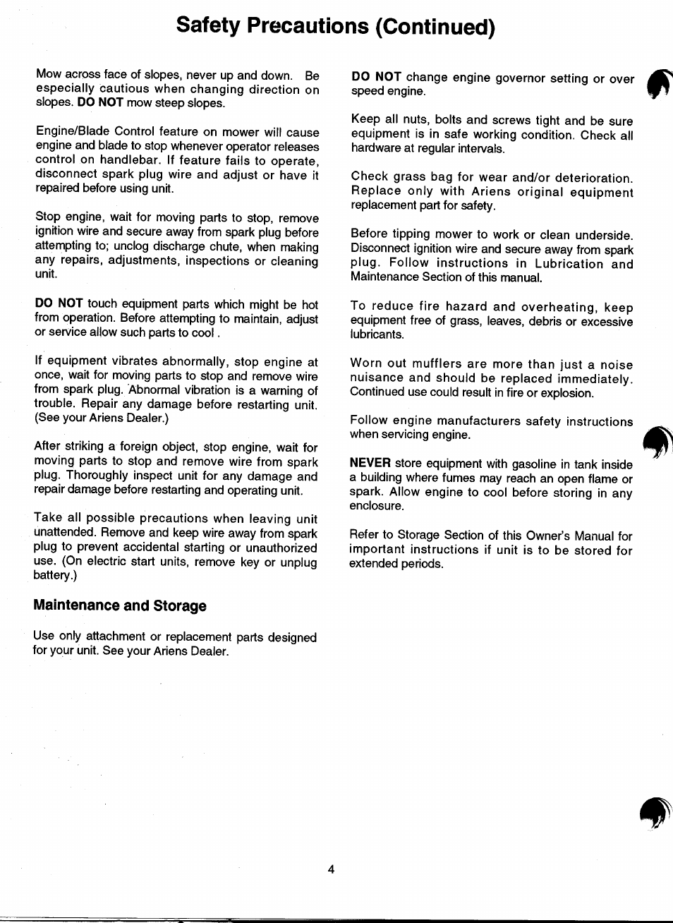 Maintenance and storage, Safety precautions (continued) | Ariens 911 User Manual | Page 6 / 39