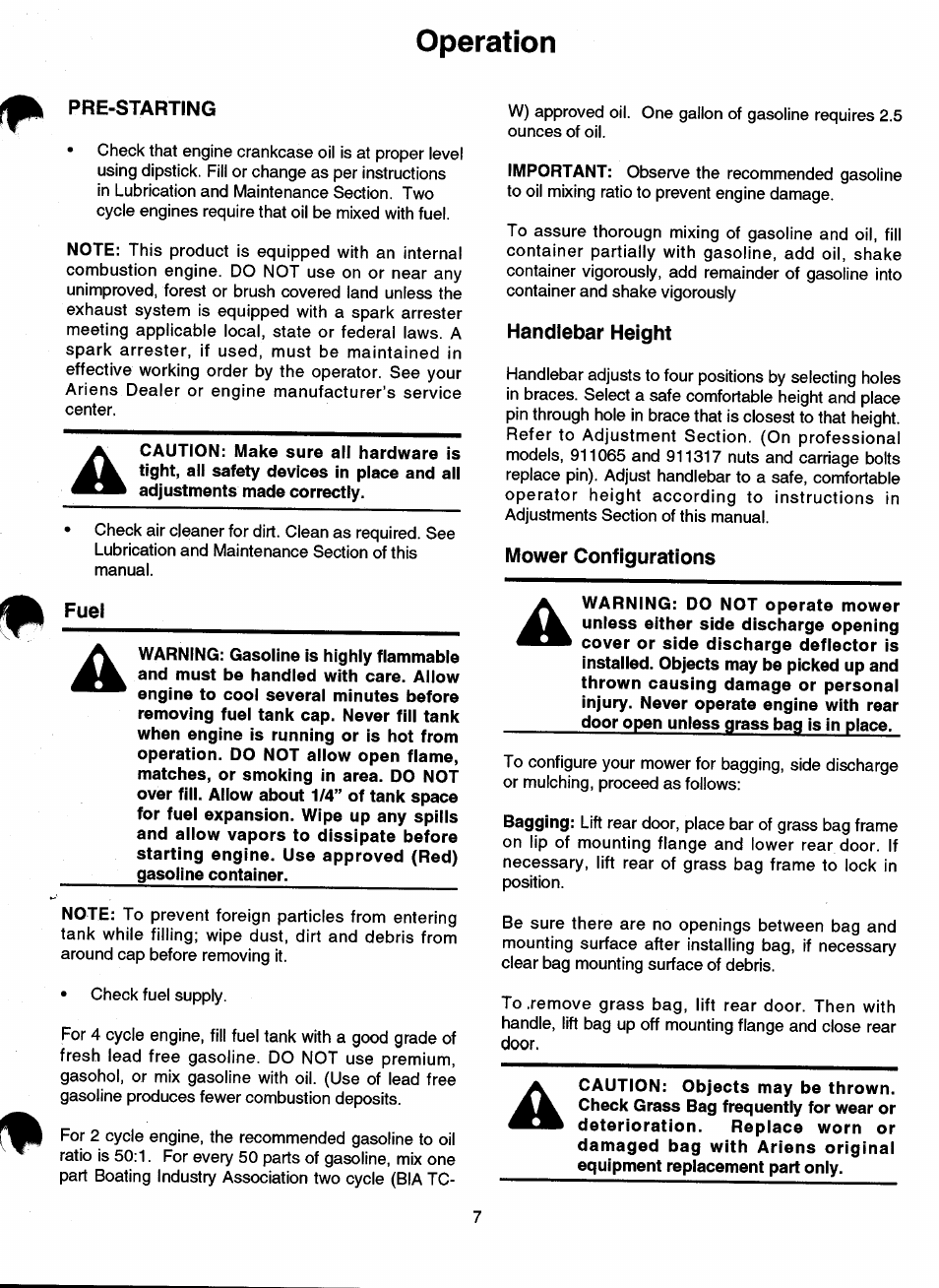 Operation, Pre-starting, Fuel | Handlebar height, Mower configurations | Ariens 911 User Manual | Page 9 / 39