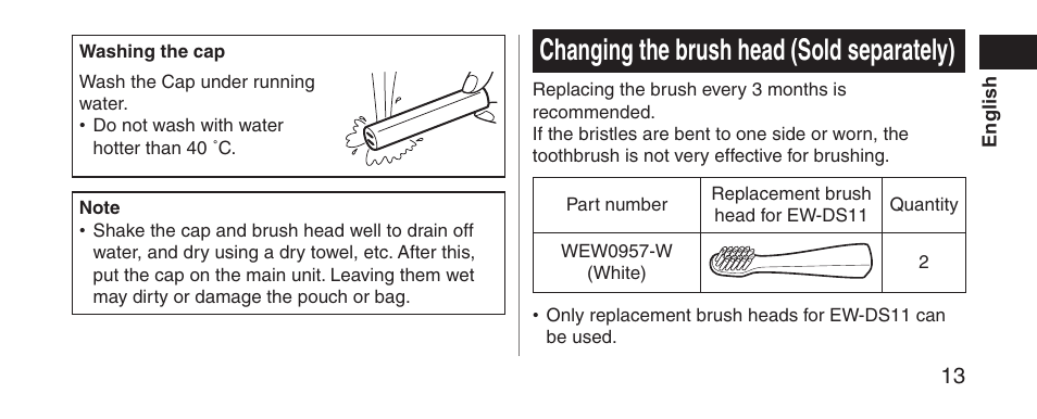 Changingthebrushhead(soldseparately) | Panasonic EWDS11 User Manual | Page 13 / 118