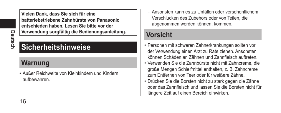 Sicherheitshinweise, Warnung, Vorsicht | Panasonic EWDS11 User Manual | Page 16 / 118