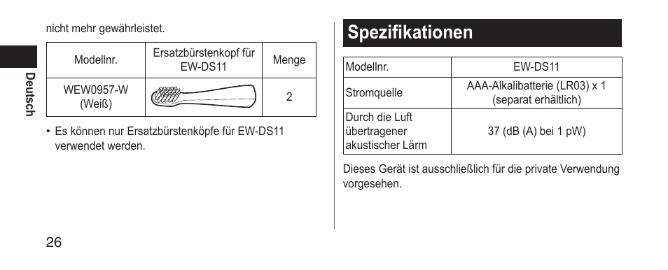 Spezifikationen | Panasonic EWDS11 User Manual | Page 26 / 118