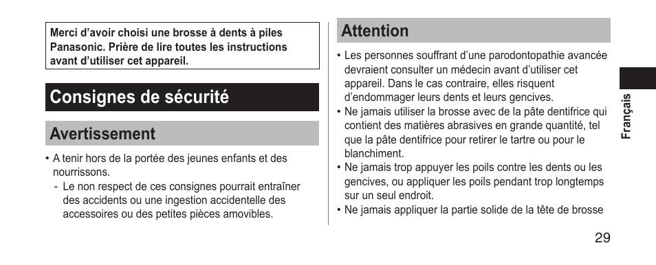 Consignesdesécurité, Avertissement, Attention | Panasonic EWDS11 User Manual | Page 29 / 118
