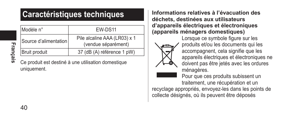 Caractéristiquestechniques | Panasonic EWDS11 User Manual | Page 40 / 118