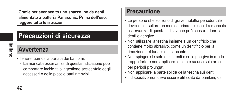 Precauzionidisicurezza, Avvertenza, Precauzione | Panasonic EWDS11 User Manual | Page 42 / 118
