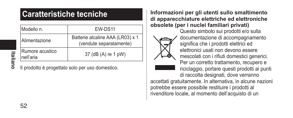 Caratteristichetecniche | Panasonic EWDS11 User Manual | Page 52 / 118