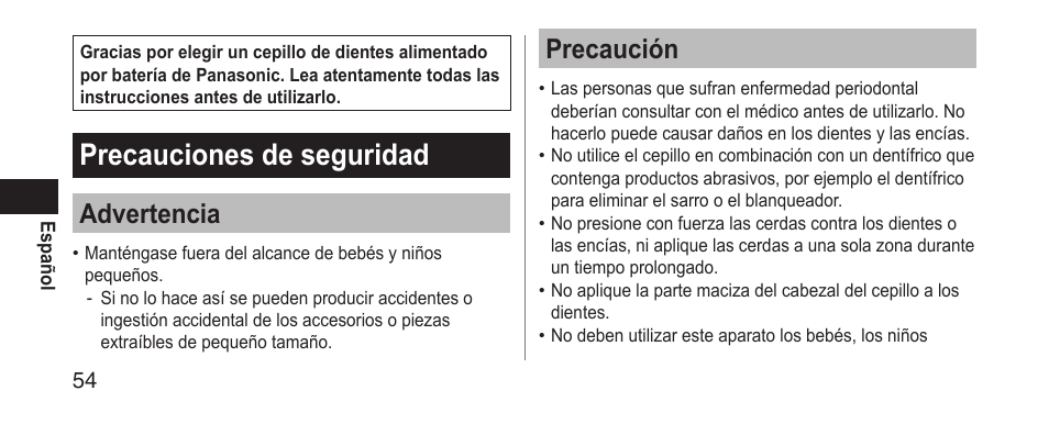 Precaucionesdeseguridad, Advertencia, Precaución | Panasonic EWDS11 User Manual | Page 54 / 118