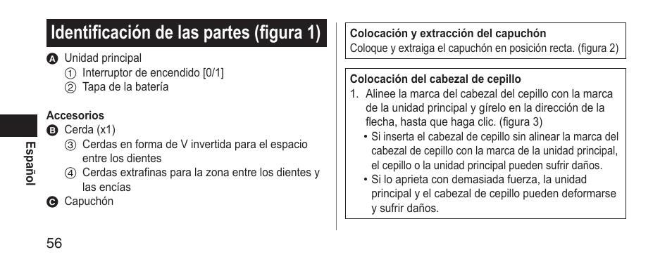 Identificacióndelaspartes(figura1) | Panasonic EWDS11 User Manual | Page 56 / 118