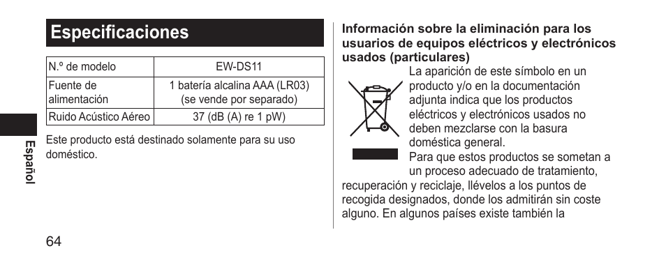 Especificaciones | Panasonic EWDS11 User Manual | Page 64 / 118