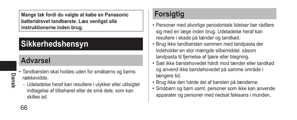 Sikkerhedshensyn, Advarsel, Forsigtig | Panasonic EWDS11 User Manual | Page 66 / 118