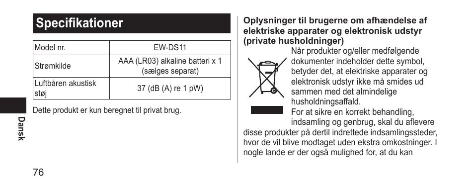 Specifikationer | Panasonic EWDS11 User Manual | Page 76 / 118