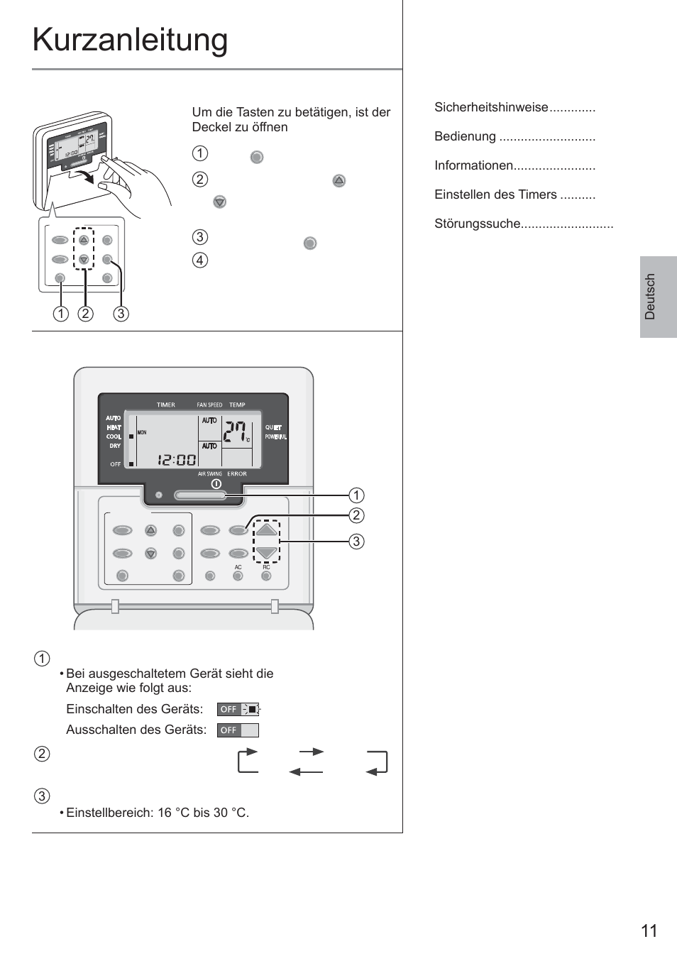 Kurzanleitung, Vorbereitung der fernbedienung, Grundlegender betrieb | Inhalt, Deutsch, Drücken. 2 drücken sie timer, Um den wochentag auszuwählen. 3 einstellung mit | Panasonic CU2E15PBE User Manual | Page 11 / 76