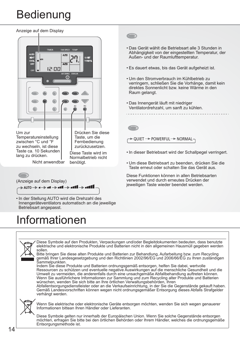 Bedienung, Informationen, Einstellen der ventilatordrehzahl | Einstellen der betriebsart | Panasonic CU2E15PBE User Manual | Page 14 / 76