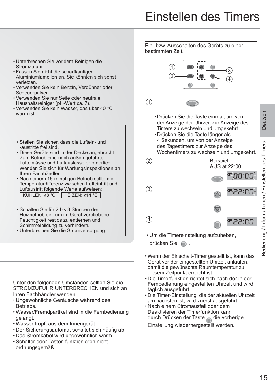 Einstellen des timers, Einstellen des tagestimers, Kriterien für betriebsunterbrechung | Panasonic CU2E15PBE User Manual | Page 15 / 76