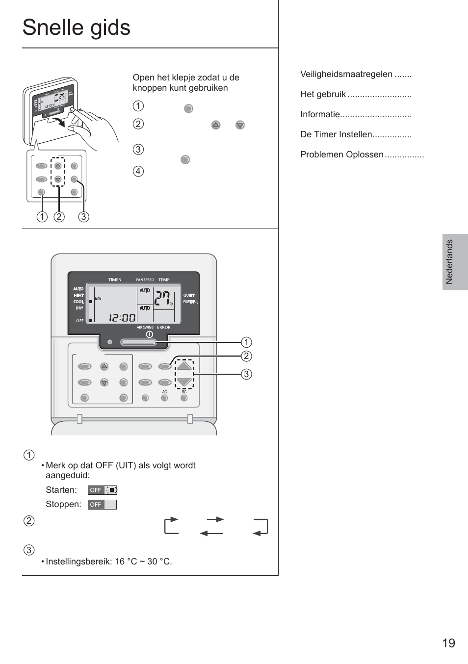 Snelle gids, De afstandsbediening gereedmaken, Eenvoudige bediening | Inhoudsopgave, Nederlands, 2 druk op timer | Panasonic CU2E15PBE User Manual | Page 19 / 76