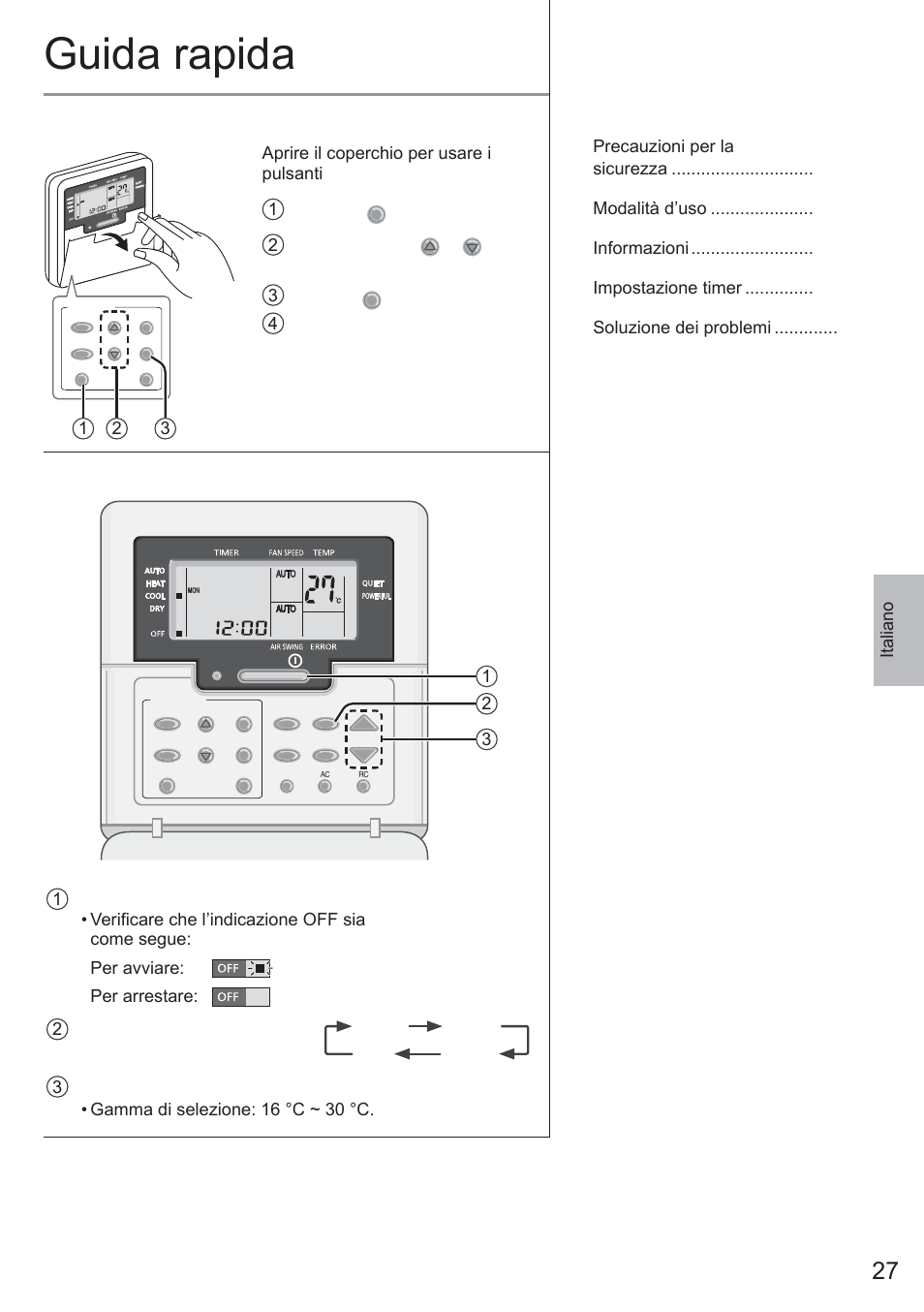 Guida rapida, Telecomando: operazioni reliminari, Funzionamento di base | Indice, Italiano, 2 premere timer, Per selezionare il giorno corrente 3 premere | Panasonic CU2E15PBE User Manual | Page 27 / 76