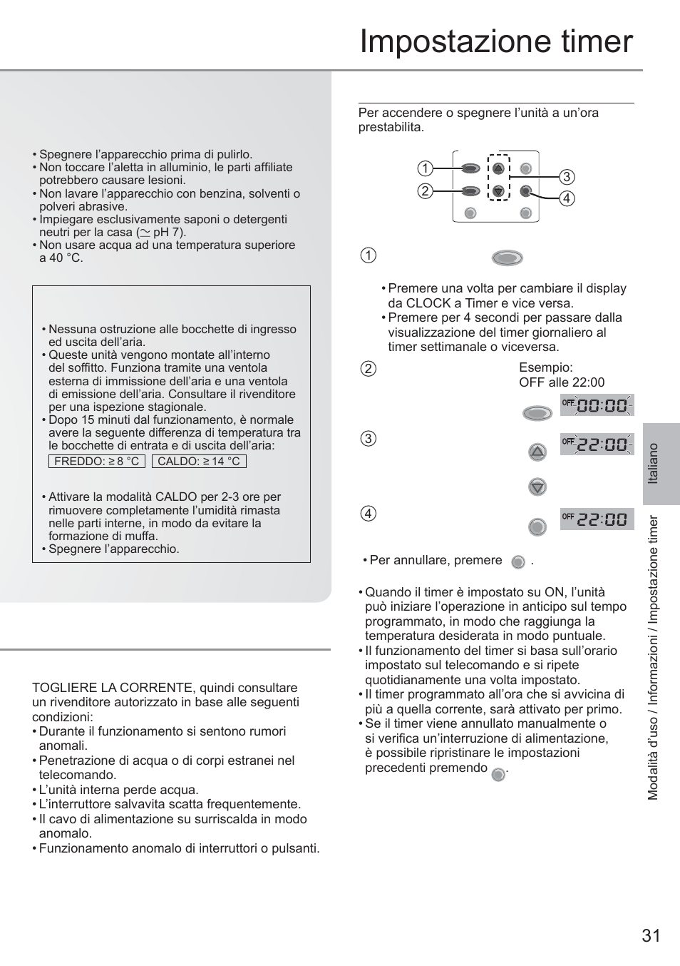 Impostazione timer, Impostazioni del timer giornaliero, Funzionamento anomalo | Panasonic CU2E15PBE User Manual | Page 31 / 76
