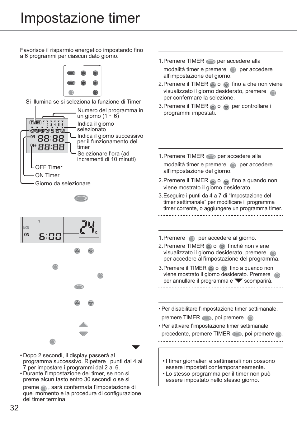 Impostazione timer, Impostazioni del timer settimanale, Per controllare il programma timer corrente | Per annullare il programma timer corrente, Per disattivare/attivare il timer settimanale, Nota | Panasonic CU2E15PBE User Manual | Page 32 / 76