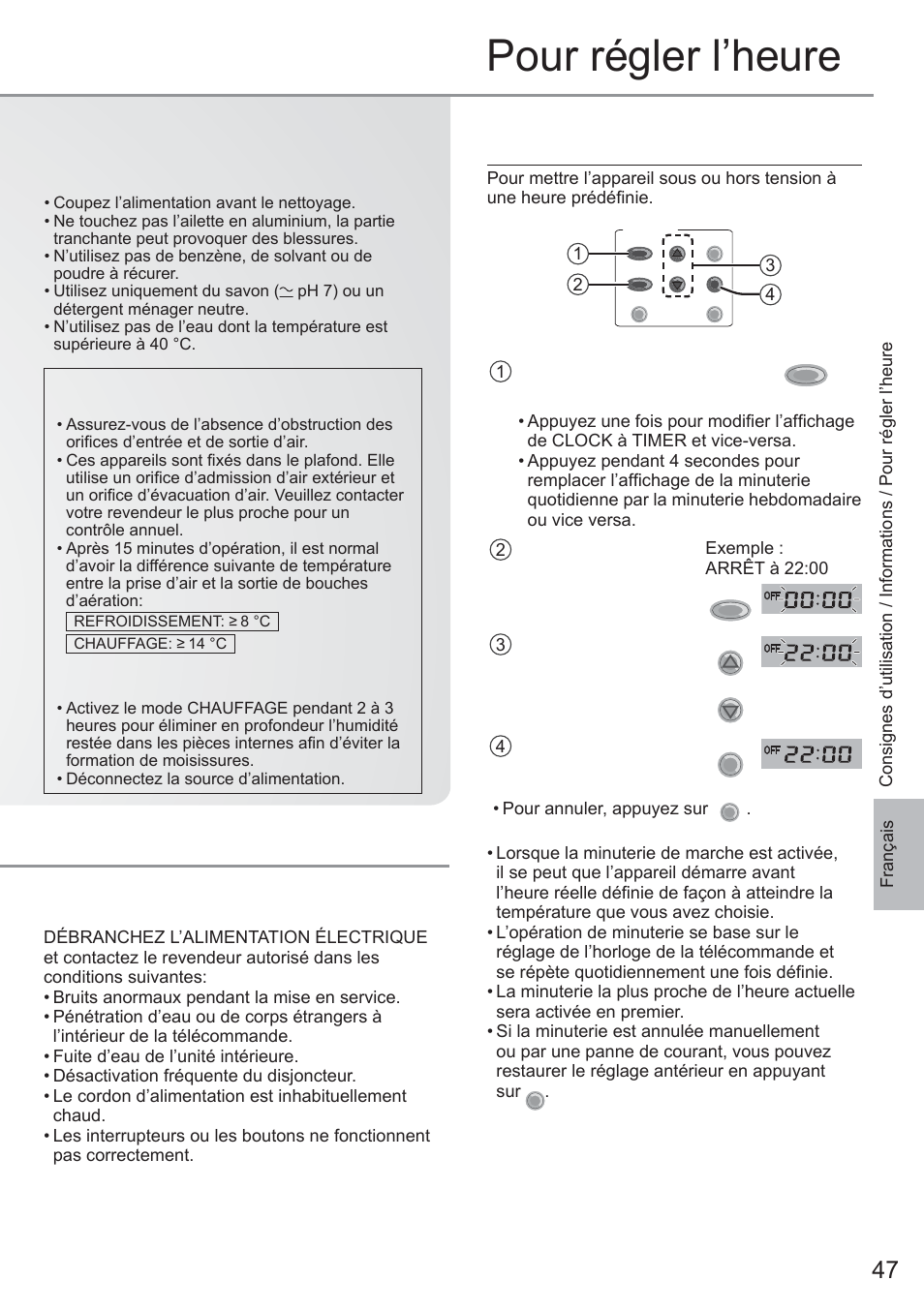 Pour régler l’heure, Progammation du programmateur quotidien | Panasonic CU2E15PBE User Manual | Page 47 / 76