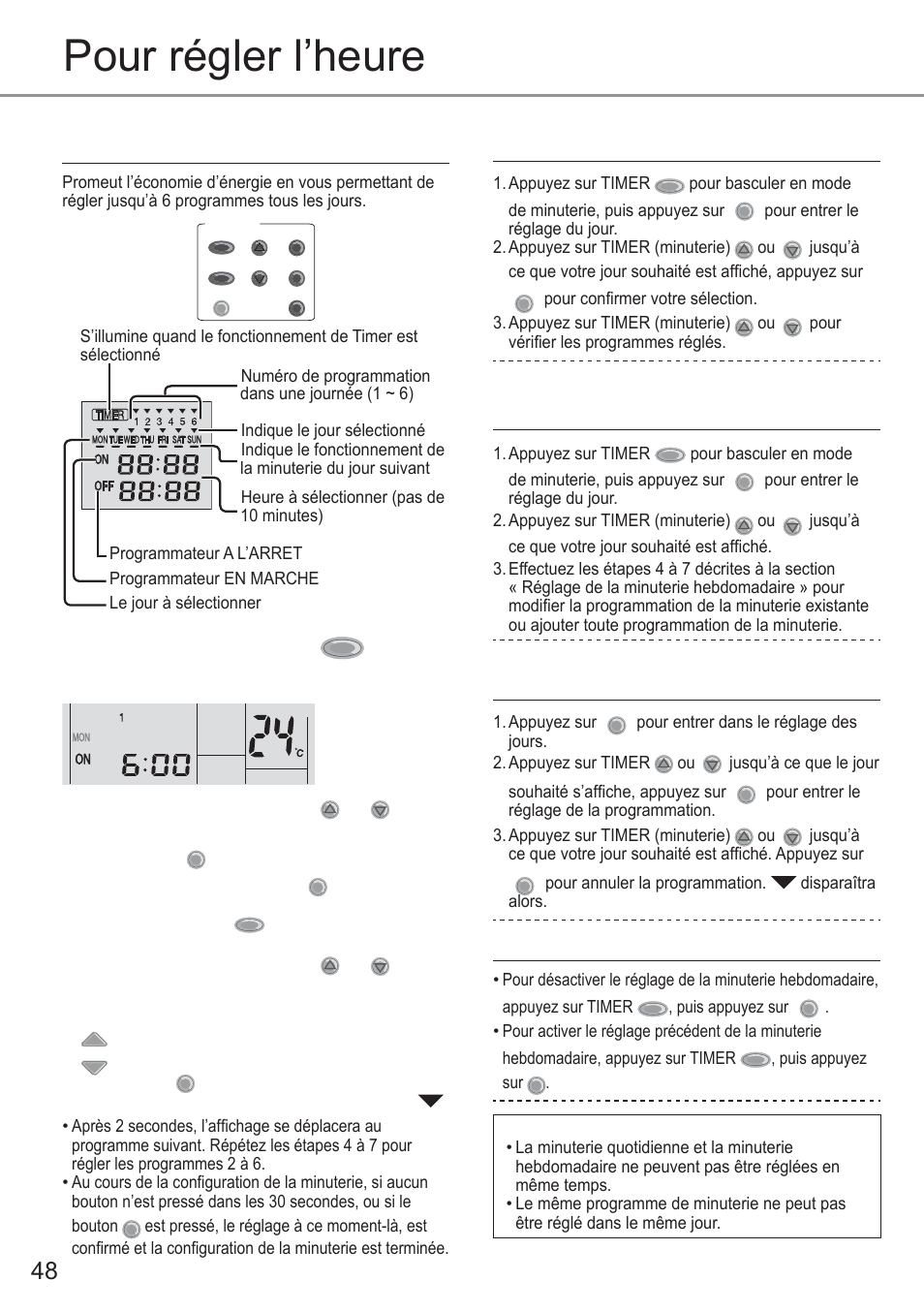 Pour régler l’heure, Progammation du programmateur hebdomadaire, Pour désactiver/activer la minuterie hebdomadaire | Remarque | Panasonic CU2E15PBE User Manual | Page 48 / 76
