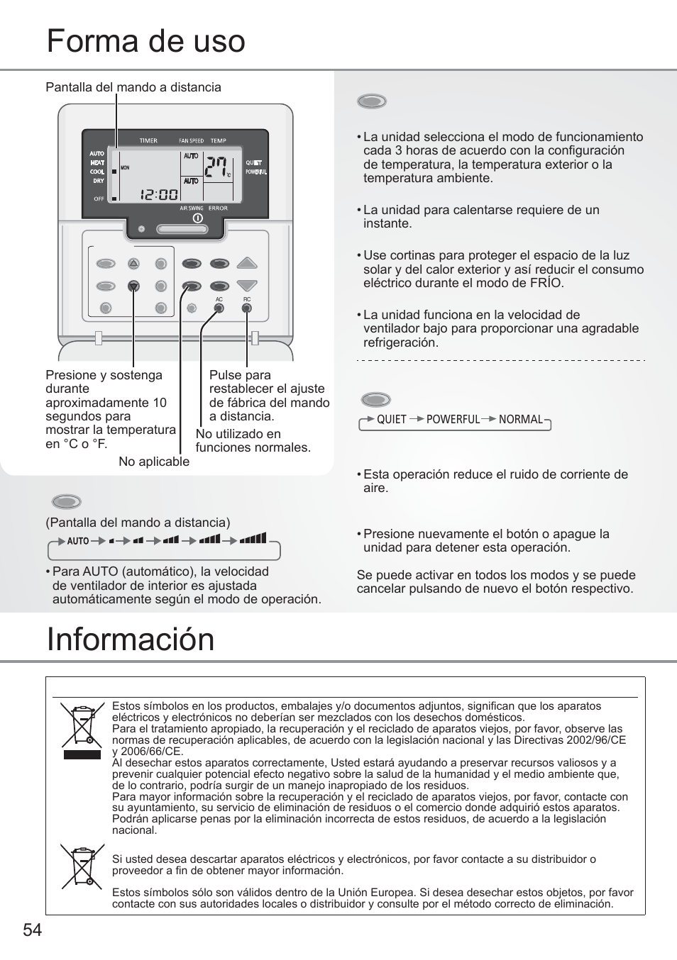 Forma de uso, Información, Para seleccionar la velocidad del ventilador | Seleccionar modo de operación, Para cambiar entre silencioso & potente | Panasonic CU2E15PBE User Manual | Page 54 / 76