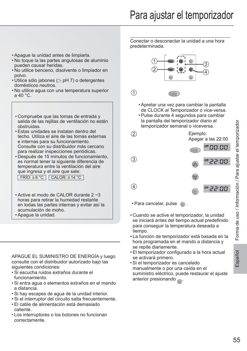 Para ajustar el temporizador, Ajustes del temporizador diario, No utilice la unidad si | Panasonic CU2E15PBE User Manual | Page 55 / 76